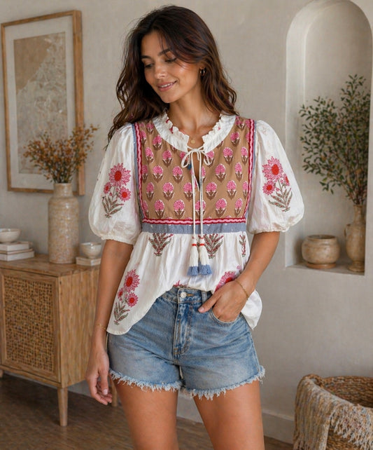 Puff sleeve floral pattern tassel top