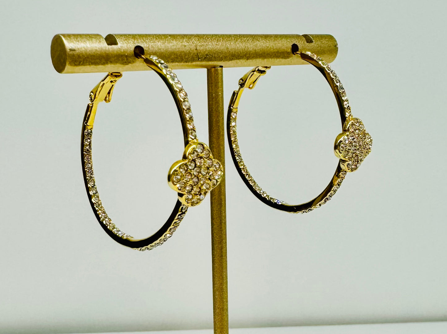 Small Gold Hoop with Pave Flower Earrings