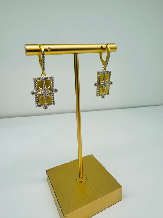 Gold and Silver Lever Rectangle Earrings w/Pave Trim