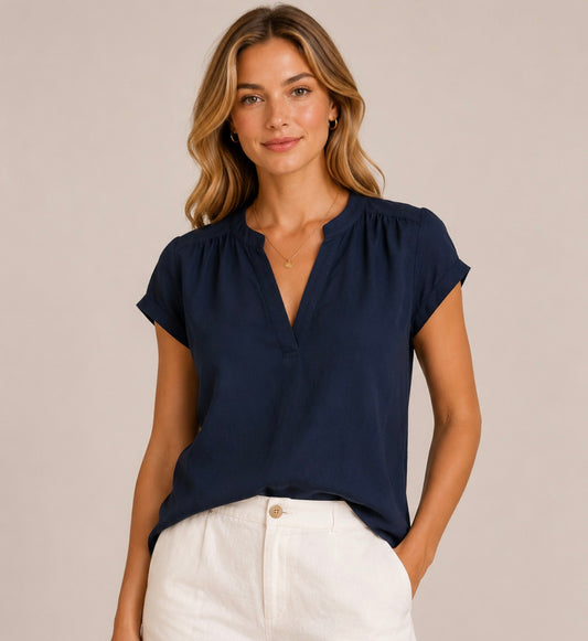 Navy V-Neck Blouse
