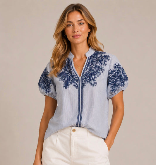 Navy Striped Puff Sleeve Top