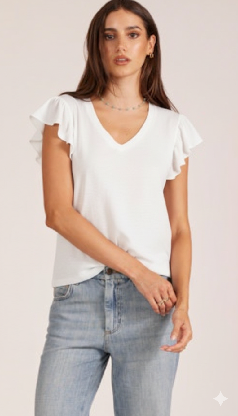 Vneck Flutter Sleeve Top - White