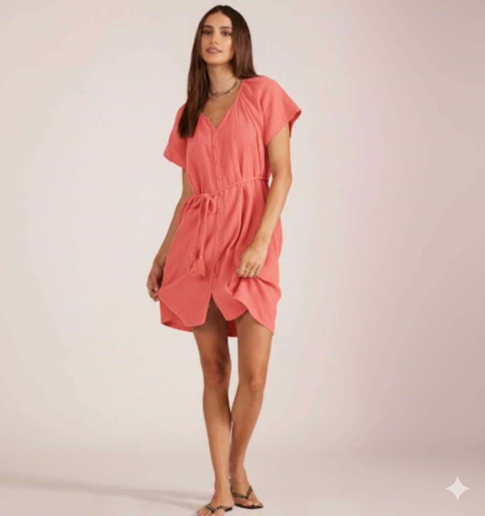 Button Front Belted Mini Dress - Hot Corals