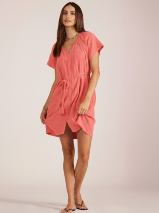 Button Front Belted Mini Dress - Hot Corals