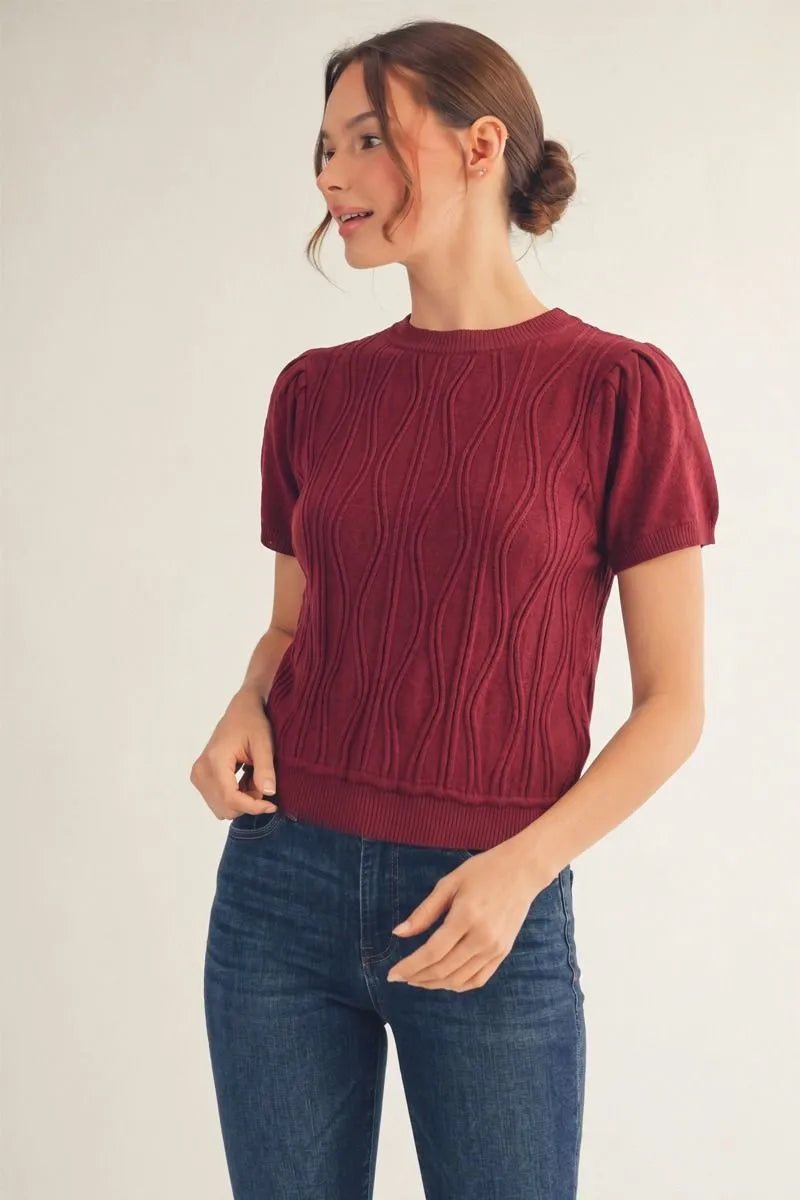 Short Sleeve Wave Sweater - Burgundy