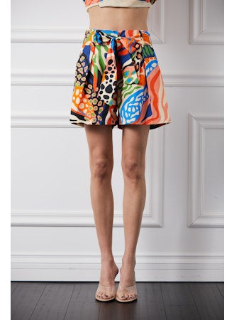 Belted Pintuck Printed Shorts