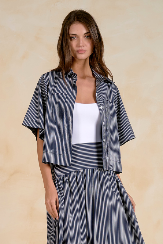 Navy Striped Button Front Top