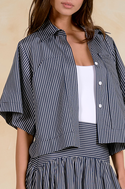 Navy Striped Button Front Top