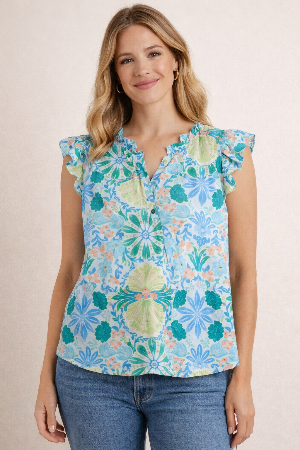 Lime Floral Flutter Sleeve Top