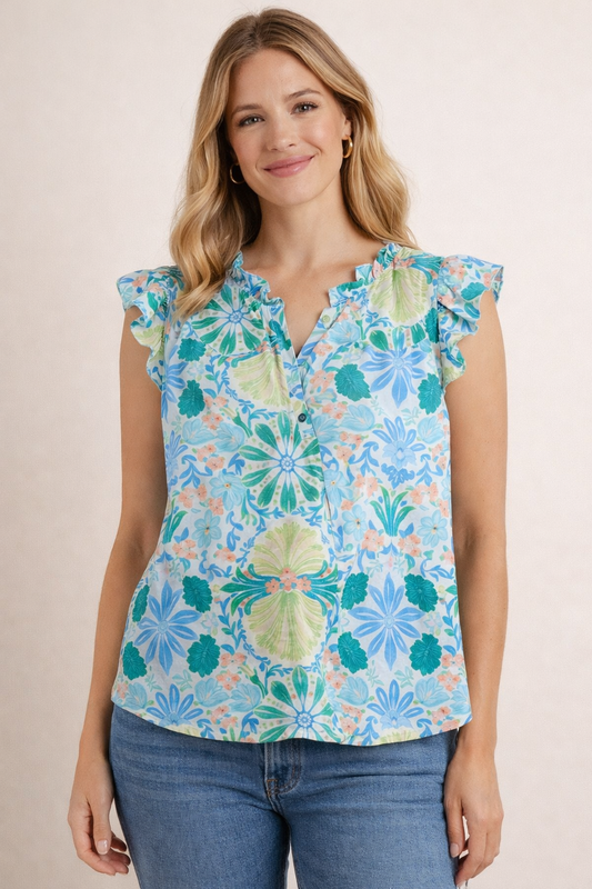 Lime Floral Flutter Sleeve Top