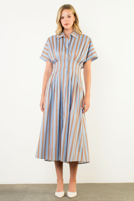 Blue and Tan Striped Button Up Maxi Dress