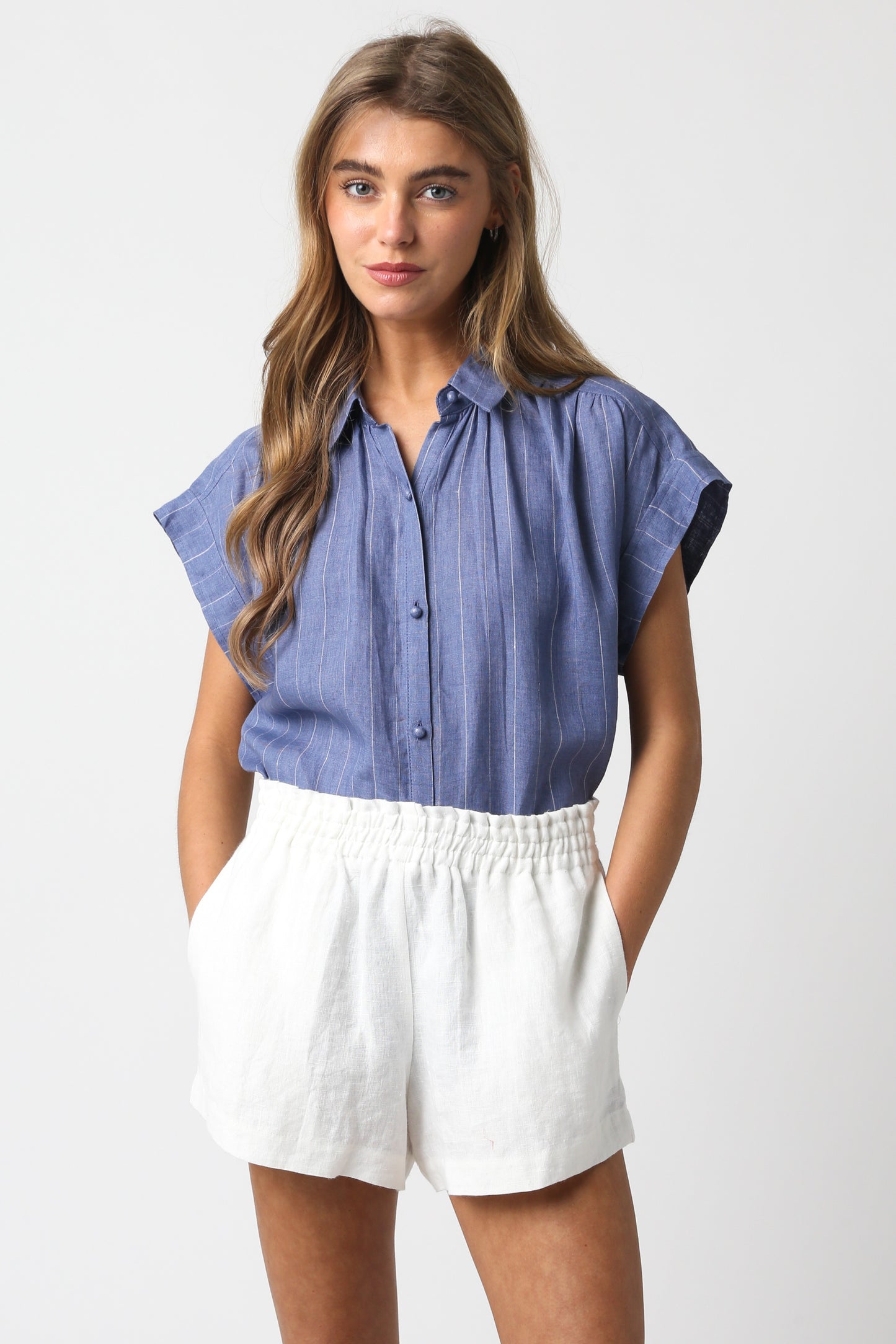 Linen Pinstripe Cap Sleeve top