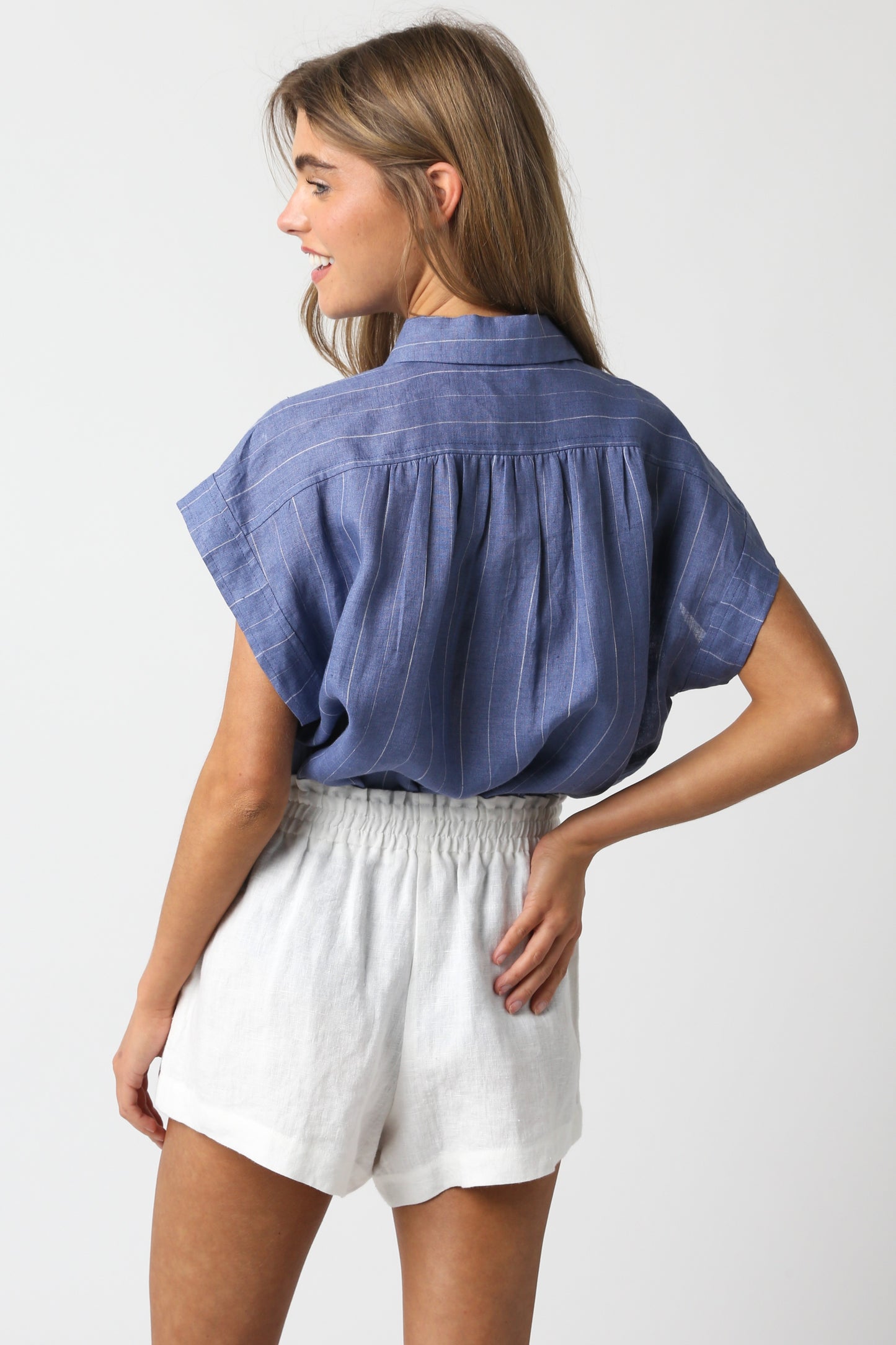 Linen Pinstripe Cap Sleeve top