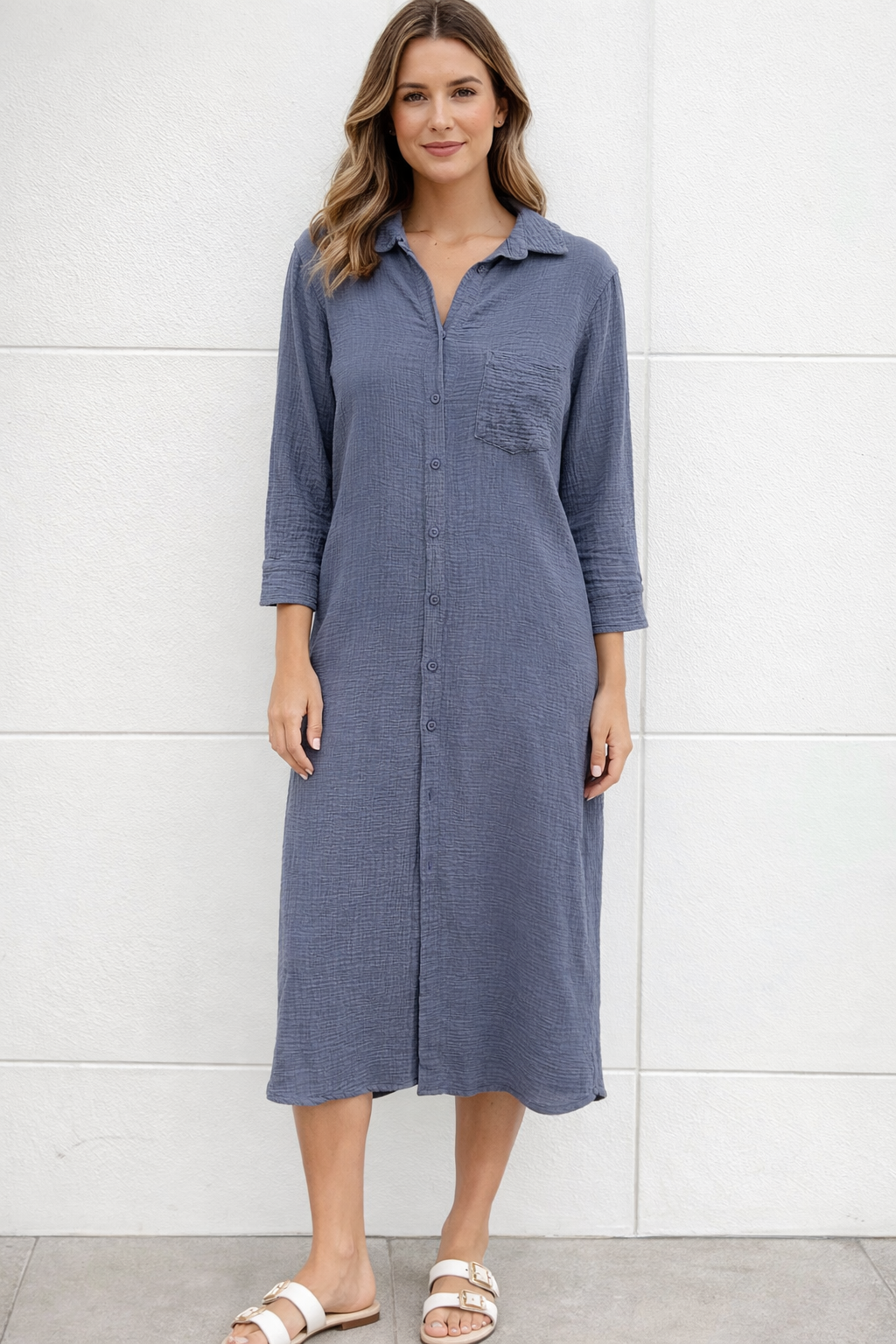 Button Front Gauze Shirt Dress