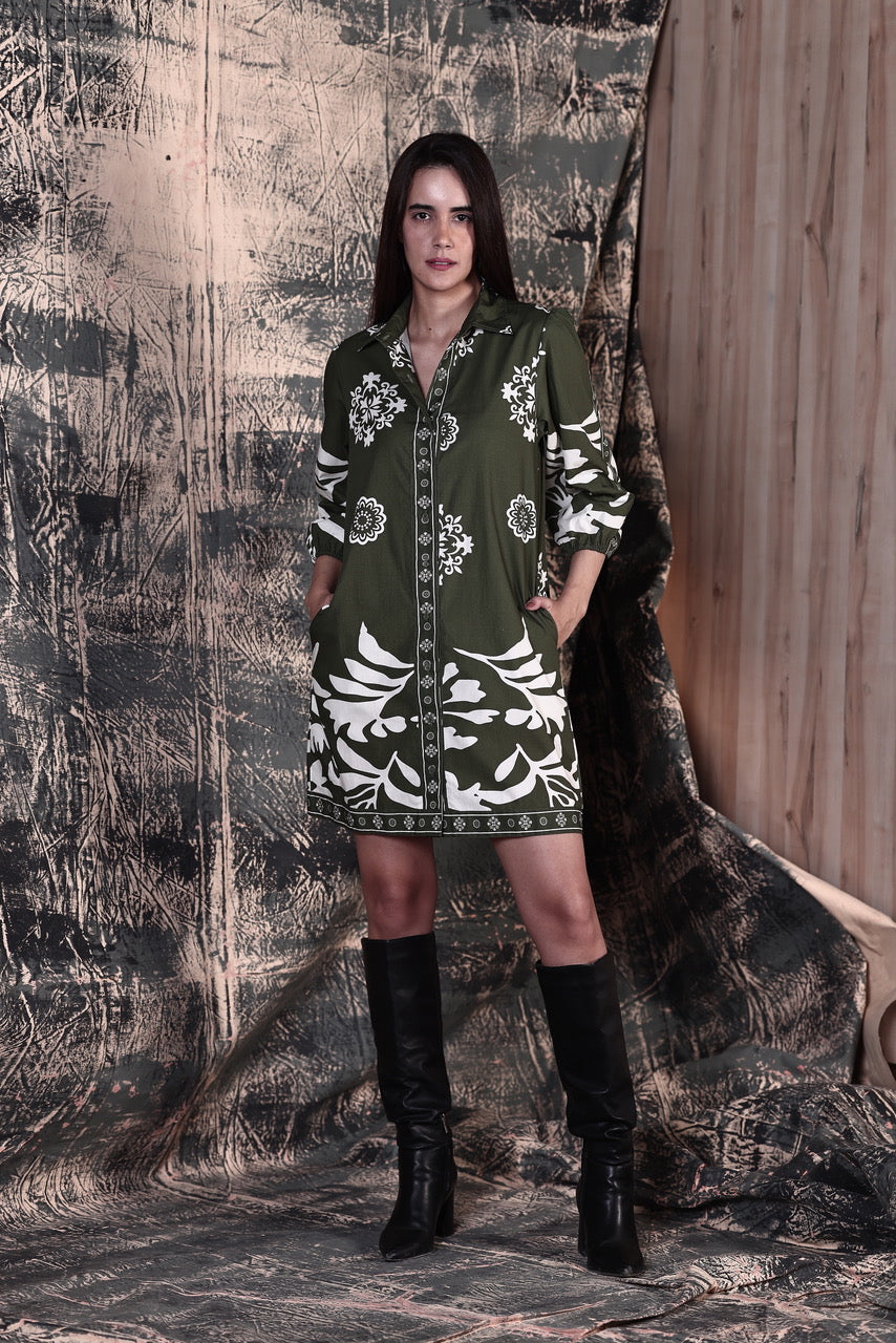 Ava Olive Foliage Dress