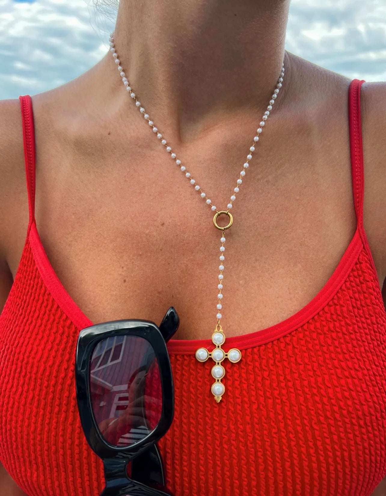 Lariat Pearl Necklace with Cross Drop