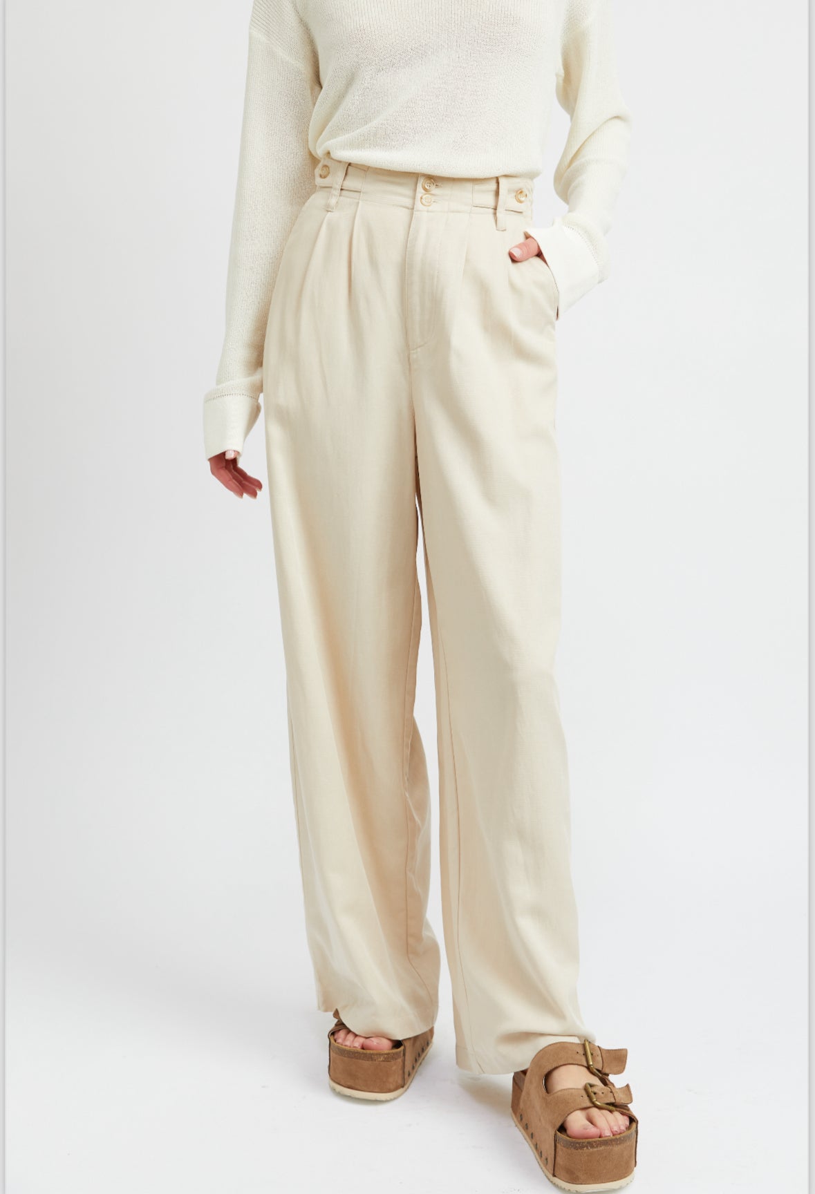 Natural Wide Leg Pintuck Pants