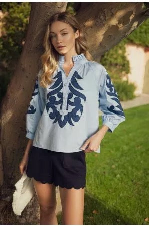 Light Blue Blouse with Navy Applique