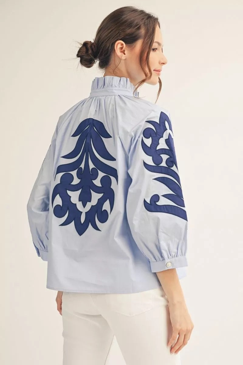 Light Blue Blouse with Navy Applique