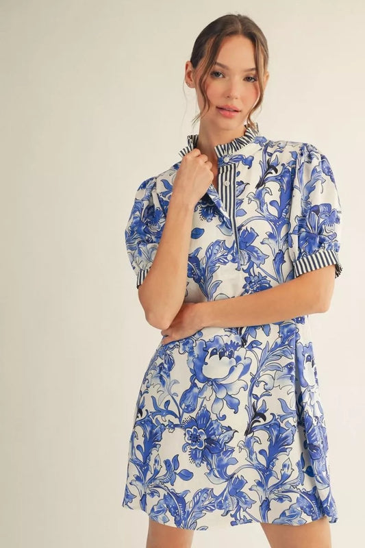 Short Sleeve Tropical Floral Mini Dress