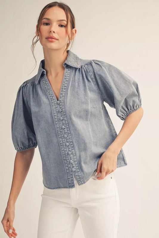Puff Sleeved Denim Washed Button Down Top