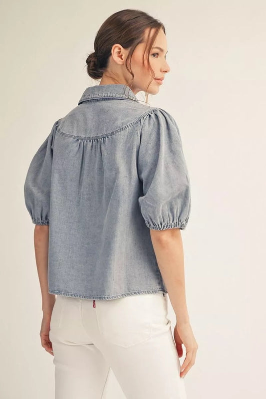 Puff Sleeved Denim Washed Button Down Top