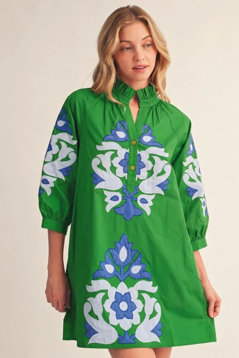 Applique Floral Mini Dress - Kelly Green