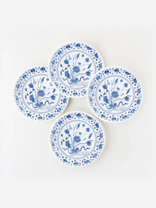 Set of 4 blue botanical melamine plates with scalloped edges