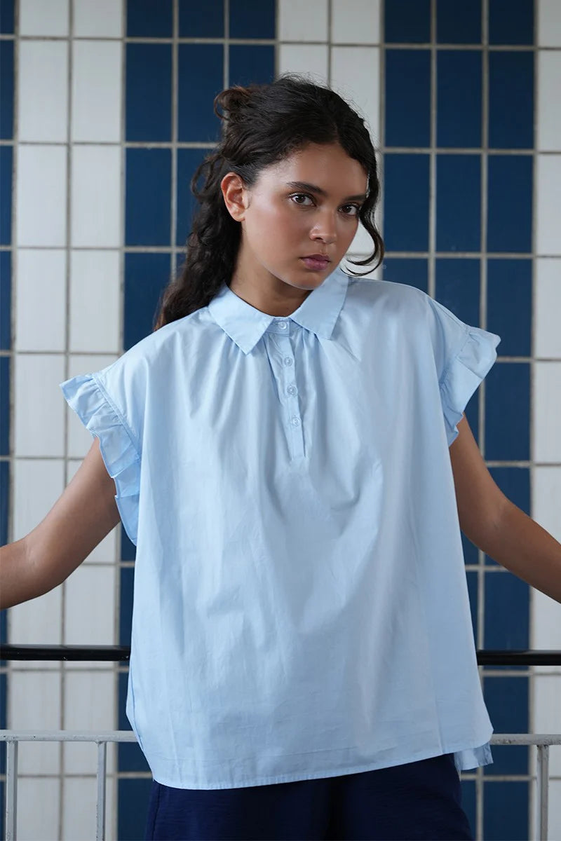 Light Blue Poplin Ruffle Sleeve Top