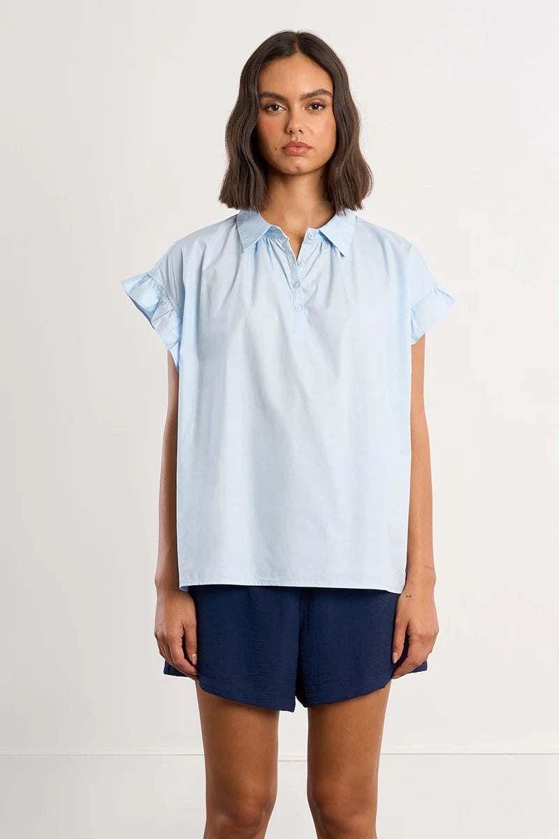 Light Blue Poplin Ruffle Sleeve Top