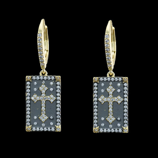Gold and Black Pave Cross Earrings