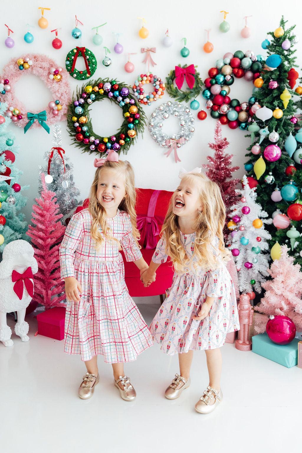 Pink Plaid 3/4 Sleeve Pocket Twirl Dress - Pink
