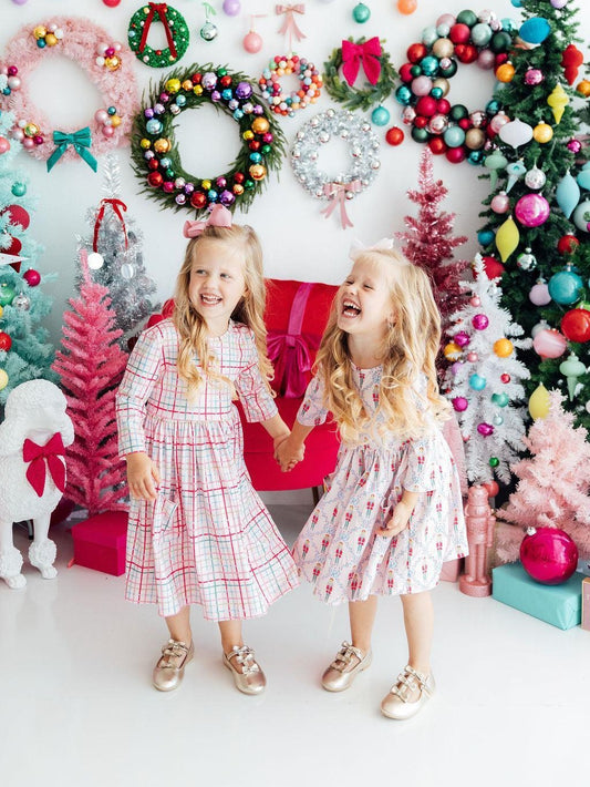 Pink Plaid 3/4 Sleeve Pocket Twirl Dress - Pink