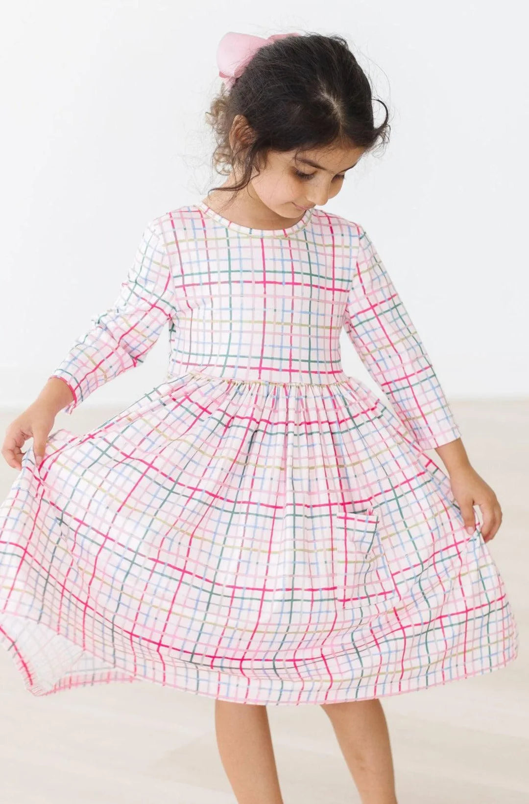 Pink Plaid 3/4 Sleeve Pocket Twirl Dress - Pink