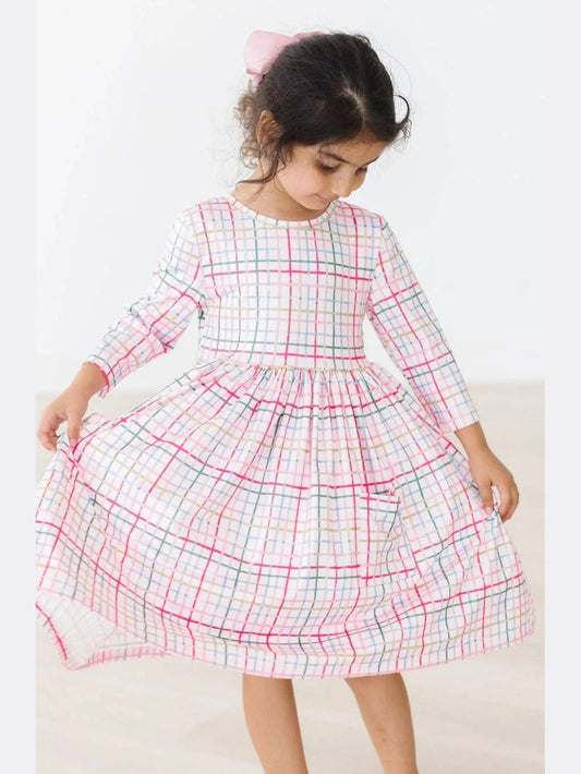 Pink Plaid 3/4 Sleeve Pocket Twirl Dress - Pink
