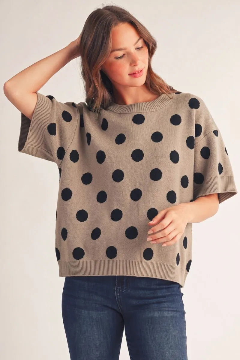 Short Sleeve Polka Dot Sweater - Taupe
