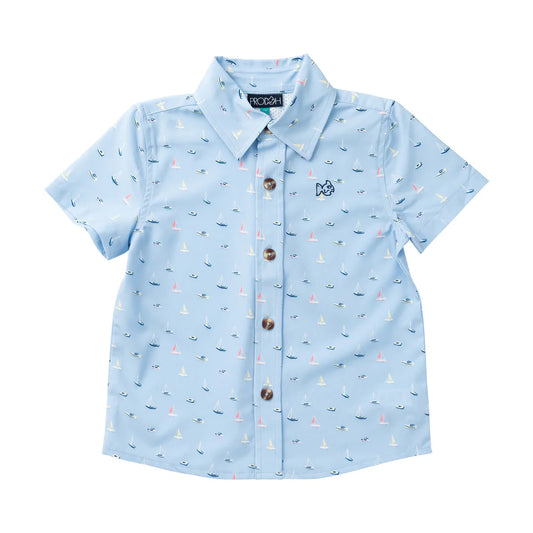 Boys Short Sleeve Button Down - Windsurfer Boats in the Bay