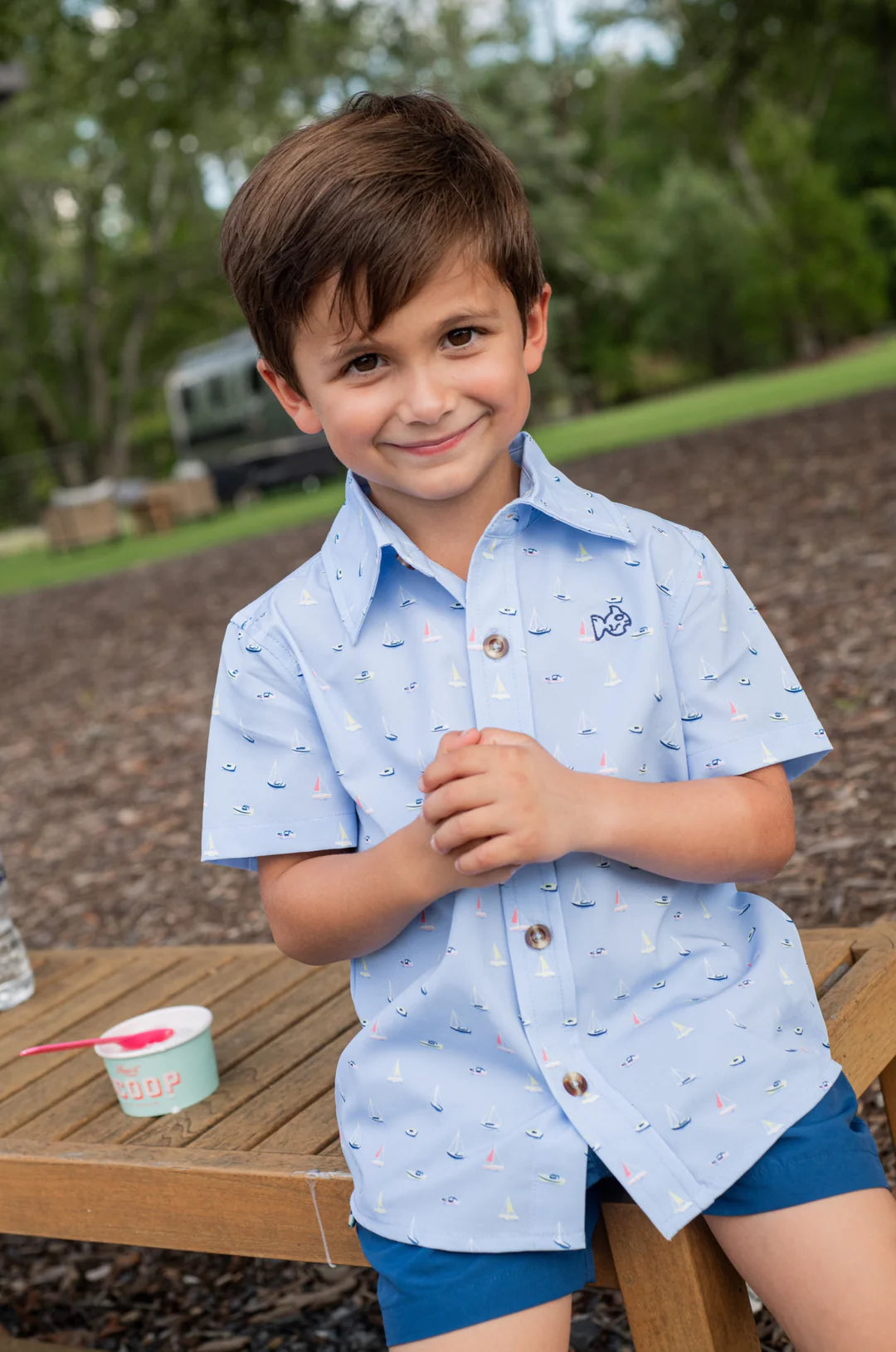 Boys Short Sleeve Button Down - Windsurfer Boats in the Bay