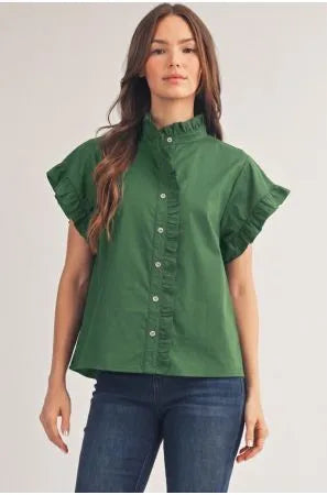 Ruffle Sleeve Button Up Blouse - Hunter Green