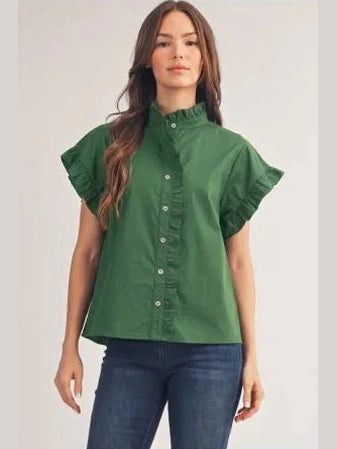 Ruffle Sleeve Button Up Blouse - Hunter Green