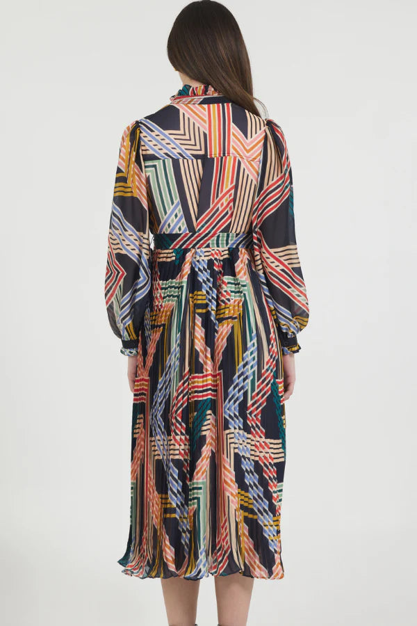 Geo Print Pleated Midi Dress