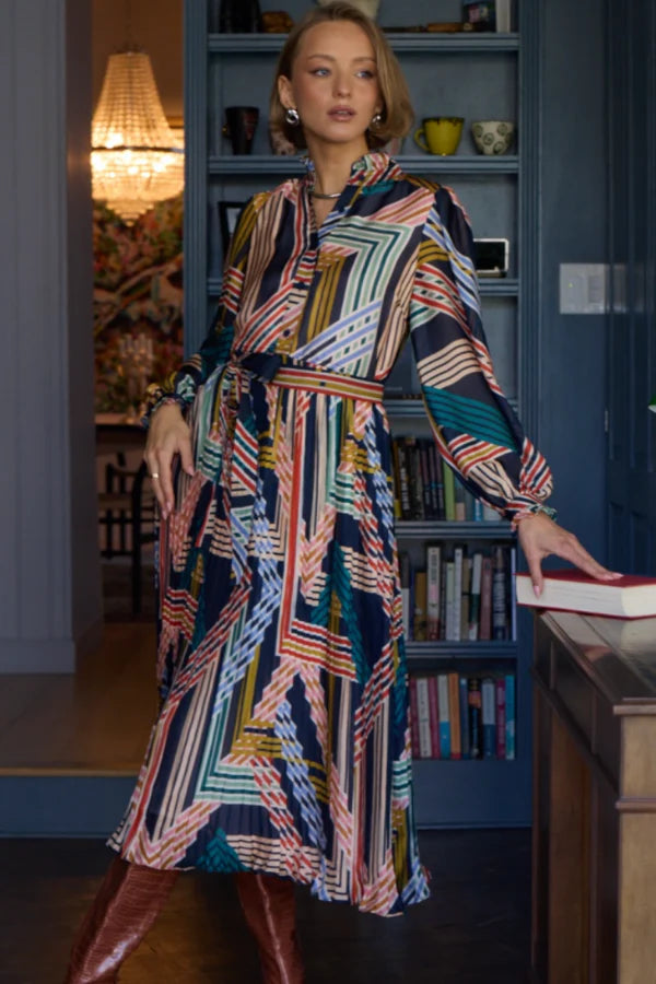 Geo Print Pleated Midi Dress