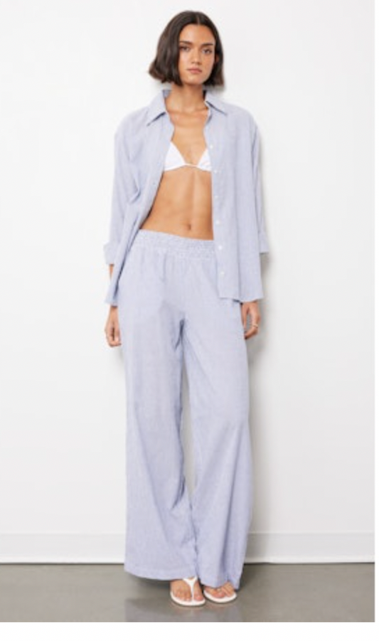 Wide Leg Pant w/ Smocked Waistband - Blue Stripe