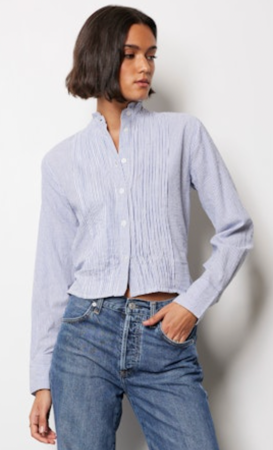 Pintuck Top w/ Back Belt - Blue Stripe