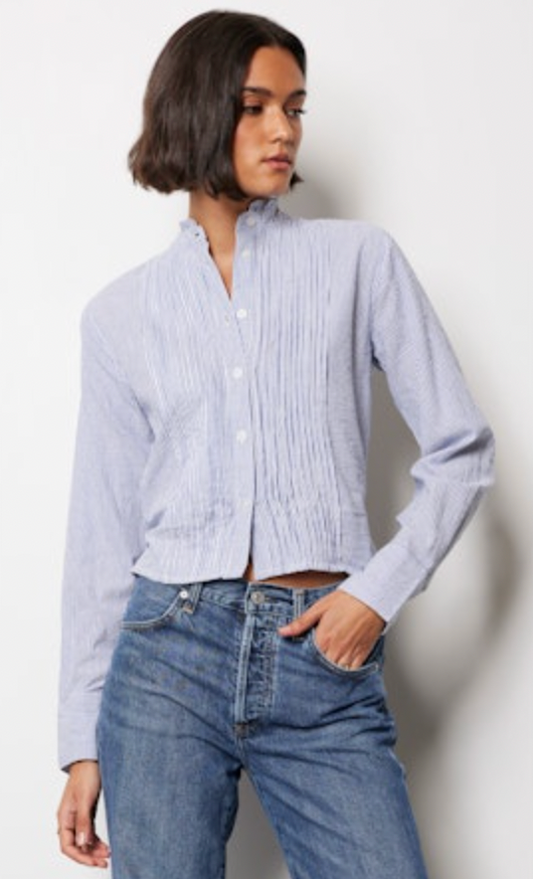 Pintuck Top w/ Back Belt - Blue Stripe