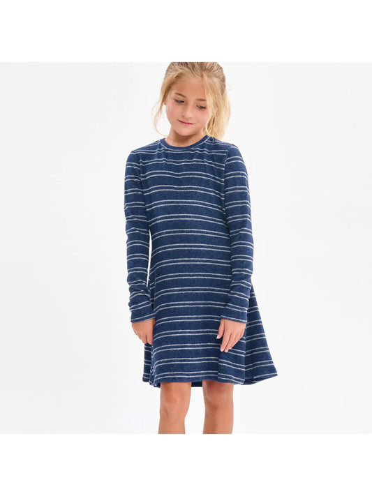 Striped Brush Knit Flare Dress Navy-Grey