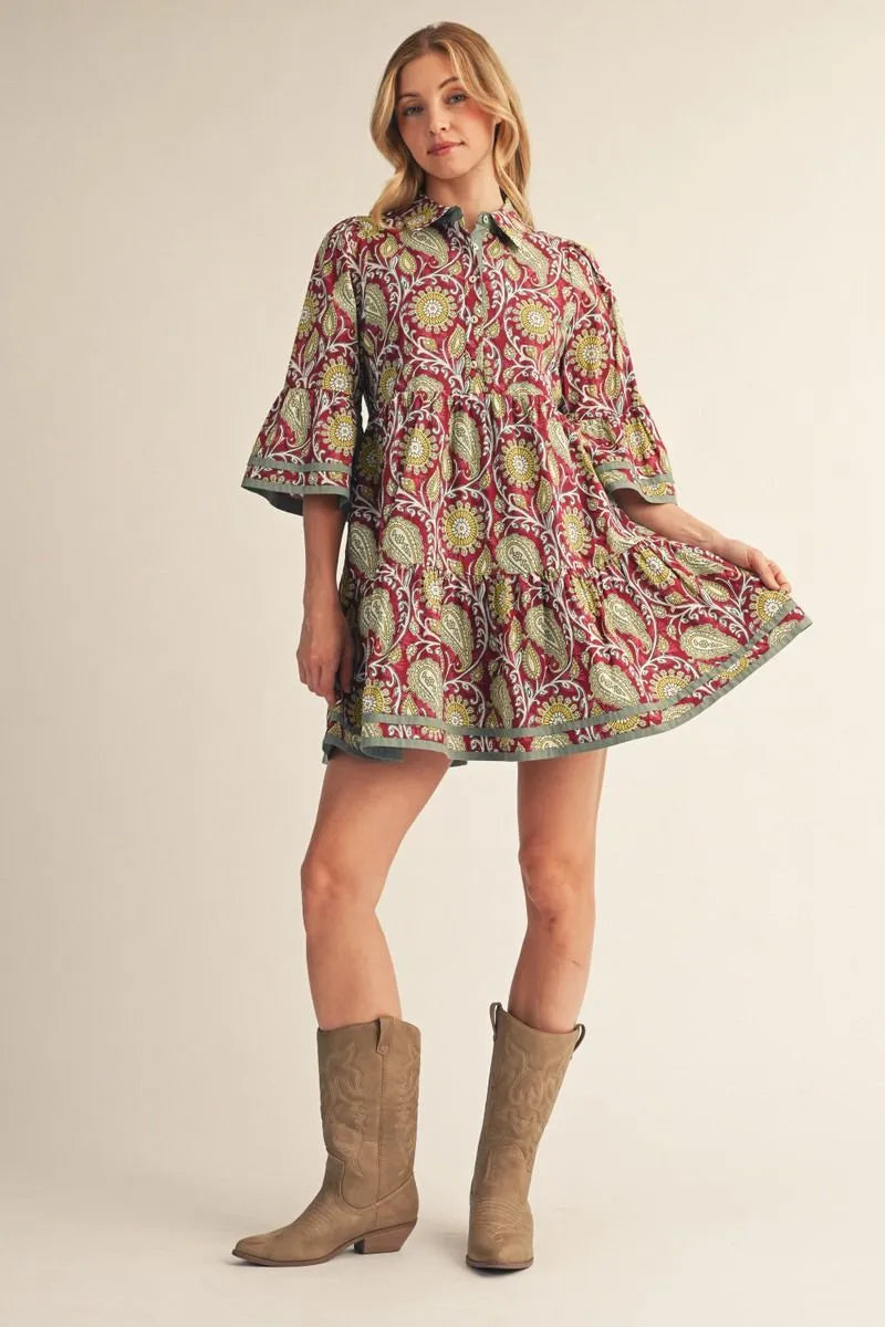 3/4 Sleeve Boho Mini Dress - Wine