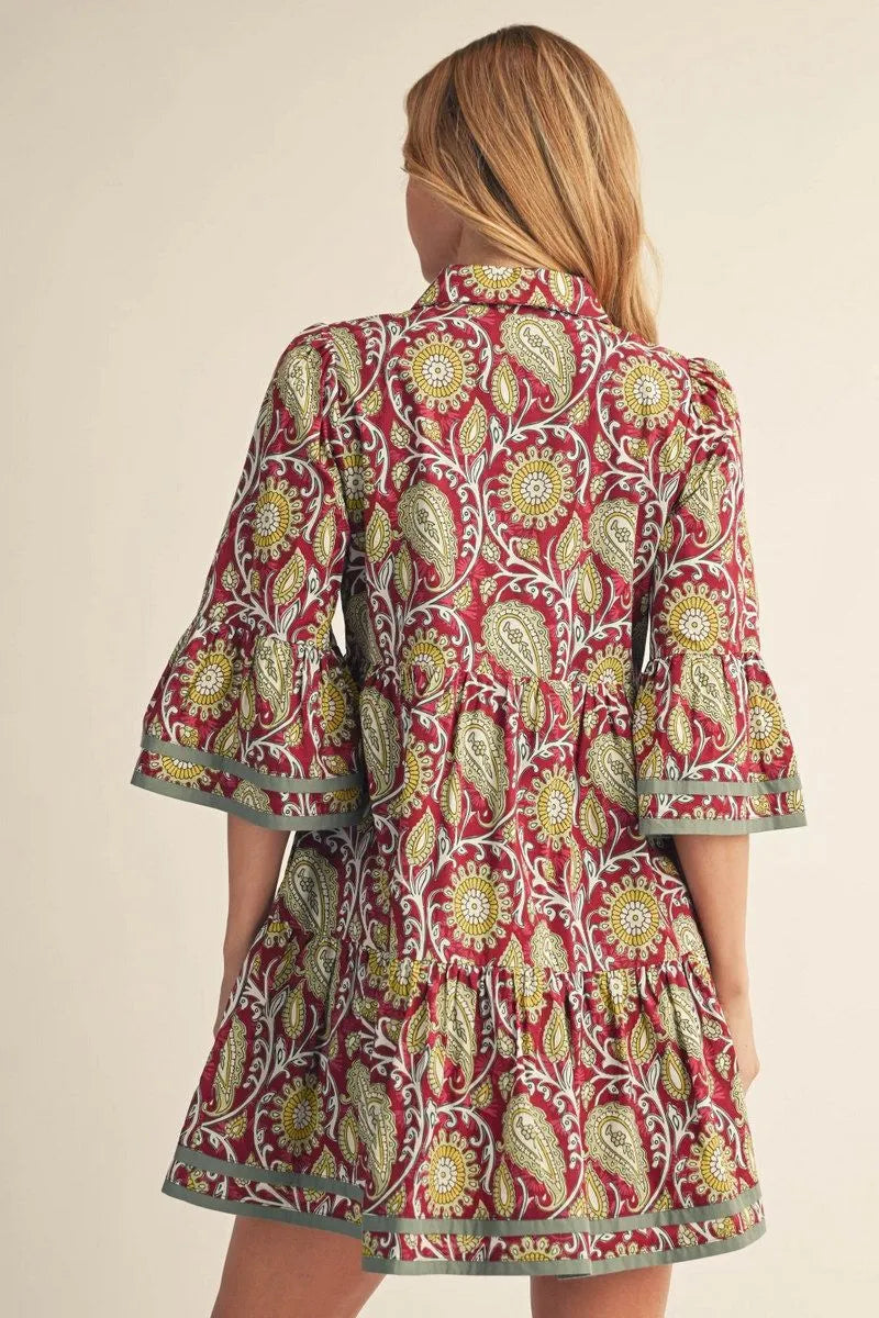 3/4 Sleeve Boho Mini Dress - Wine