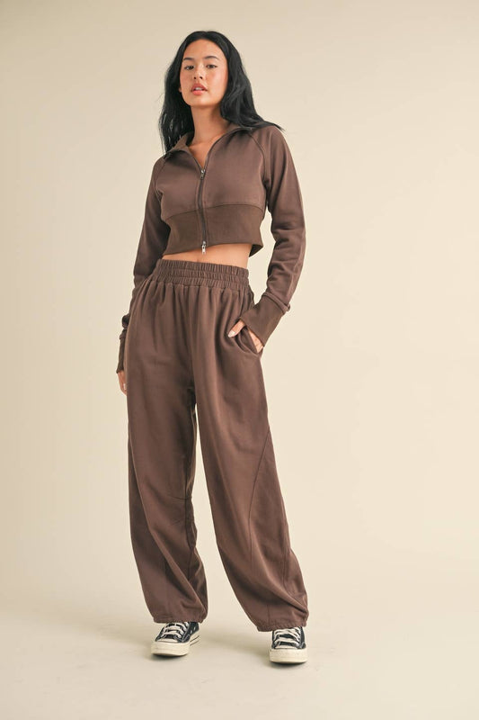 French Terry Crop Jacket and Flowy Jogger Pants Set