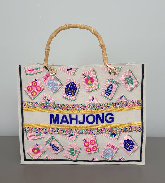Pink Mahjong tote Bamboo handles